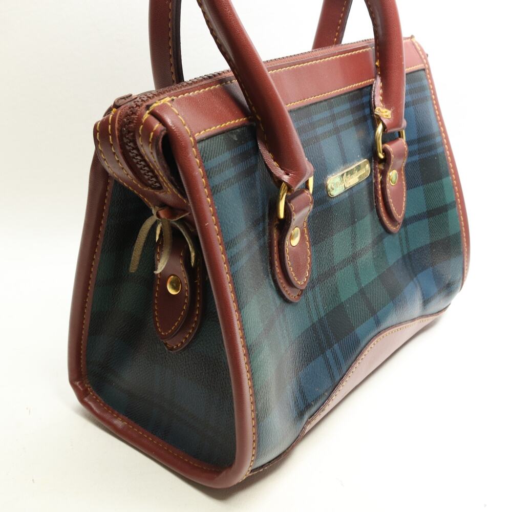 Vintage Polo Ralph Lauren Plaid Boston Bag Satchel Leather Trim Top Handles - Picture 2 of 16